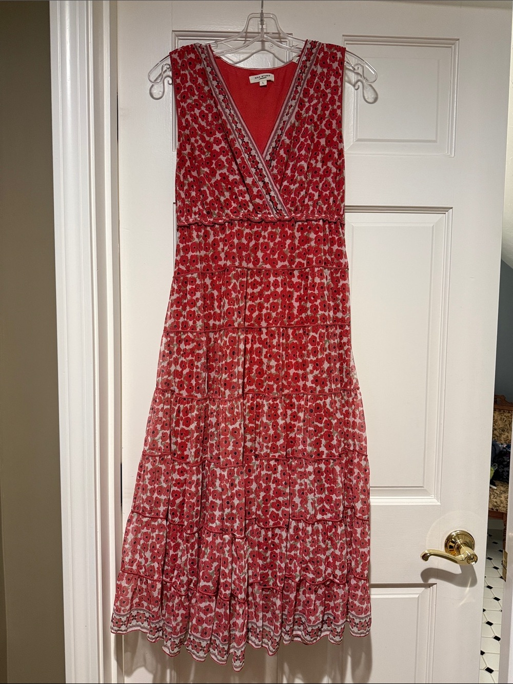 Max Studio Coral Poppy Floral V-Neck Tiered Maxi Dress